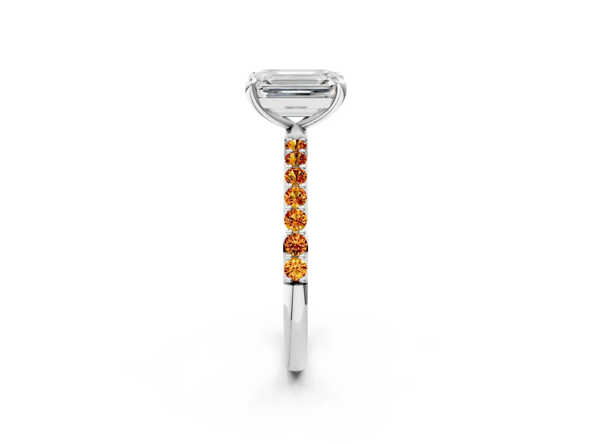 Emerald Cut Diamond Solitaire Ring with Round Citrine Pavé Band and Prong Setting Platinum