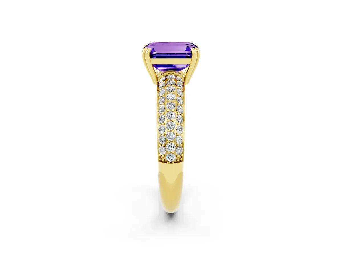 Emerald Cut Tanzanite Vintage Milgrain Ring with Round Stations Yellow gold