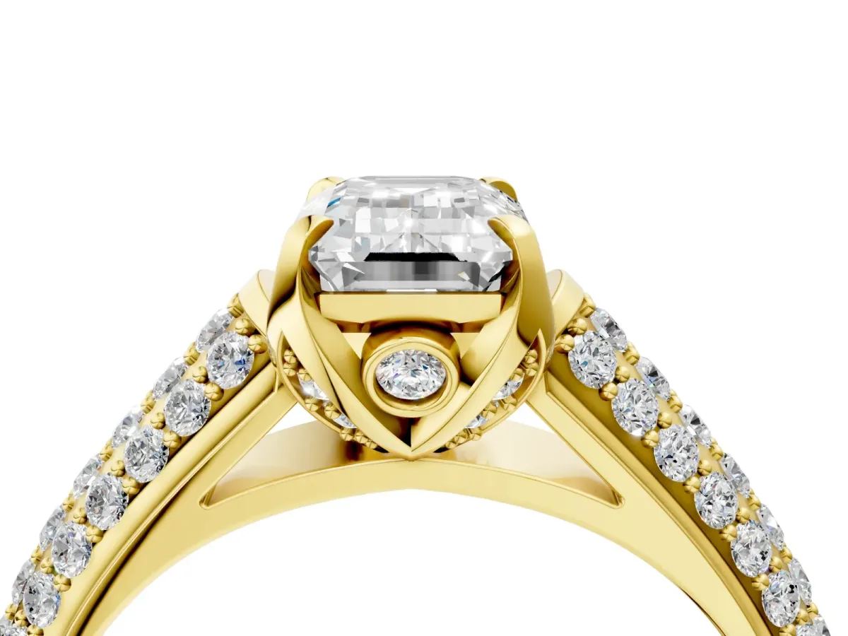 Emerald Cut Diamond Solitaire Ring with Three-Row Pavé Band and Four-Prong Setting Yellow gold