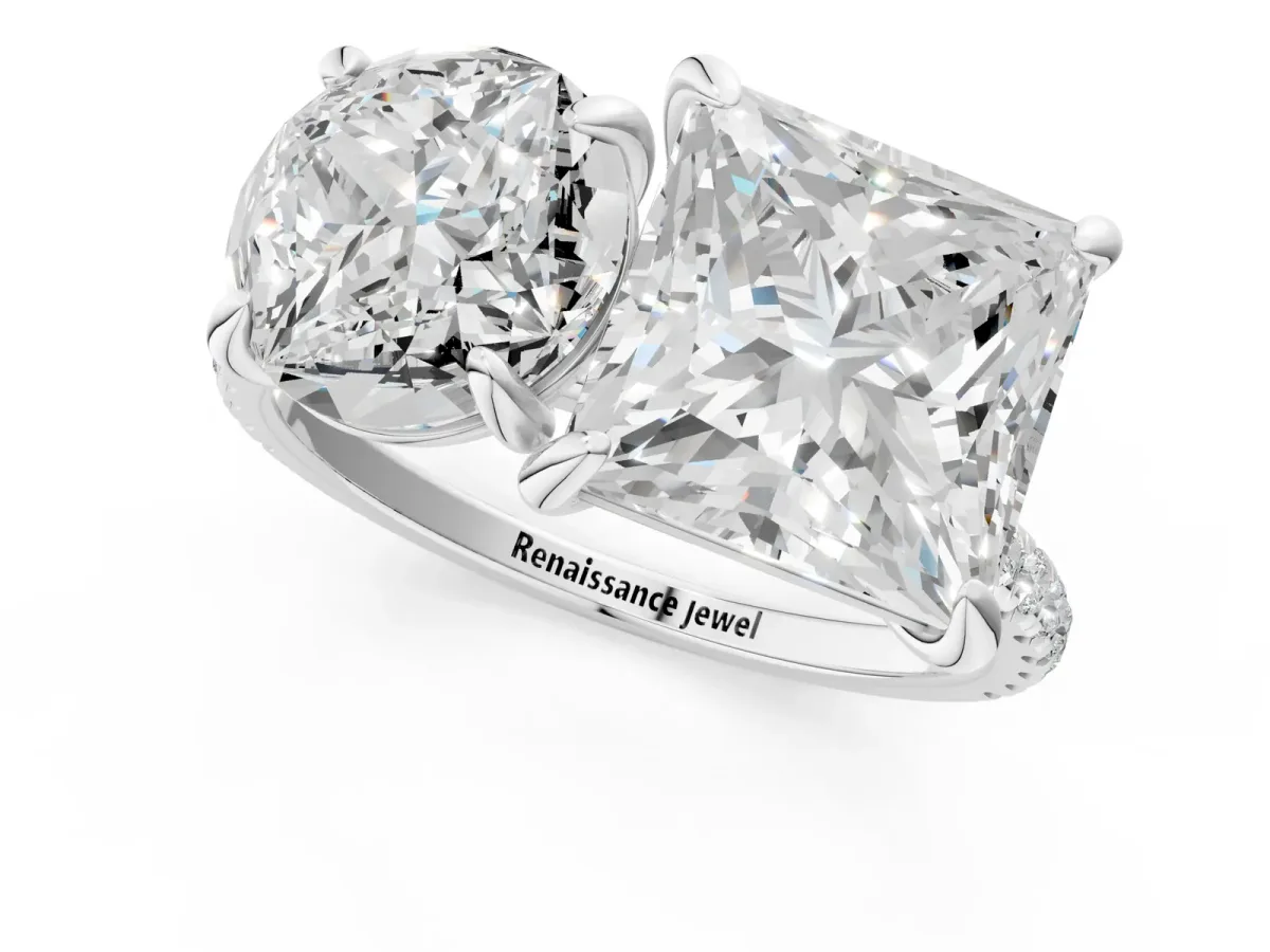 Round and Princess Toi Moi Ring with Prong Setting and Micro Pave Band Silver