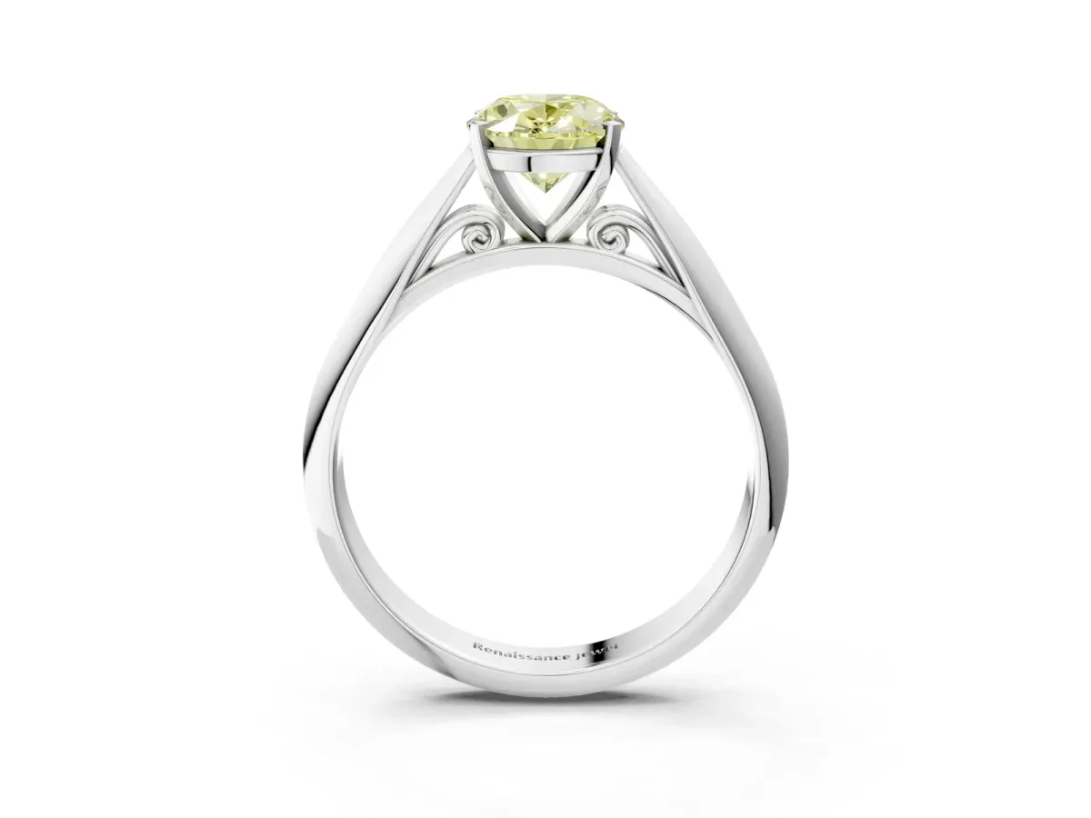 Fancy Yellow Oval Cut Diamond Solitaire Engagement Ring with Cathedral Setting and Four-Prong Mount Platinum
