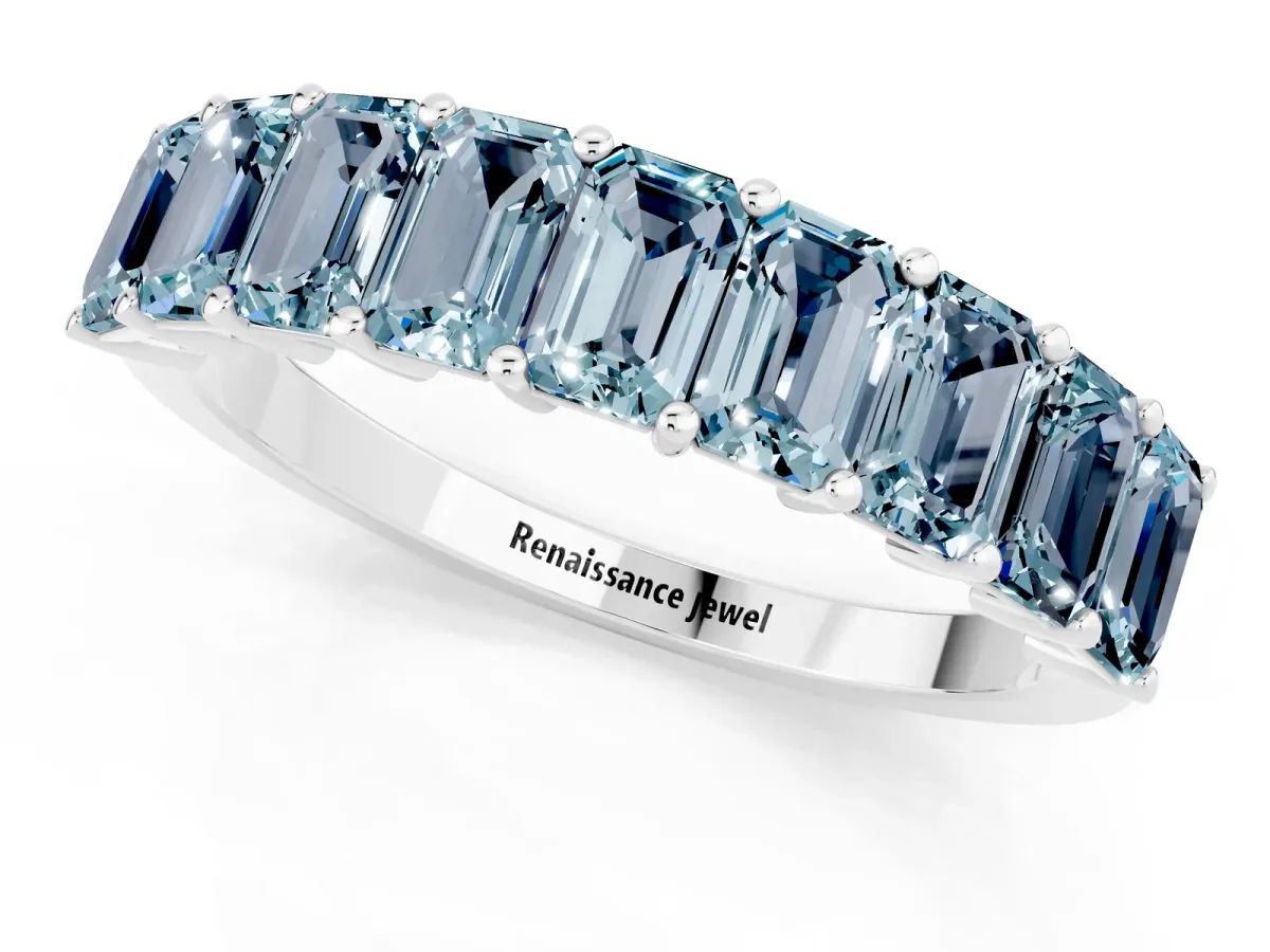 Emerald Cut Aquamarine Prong-Set Eternity Band Silver