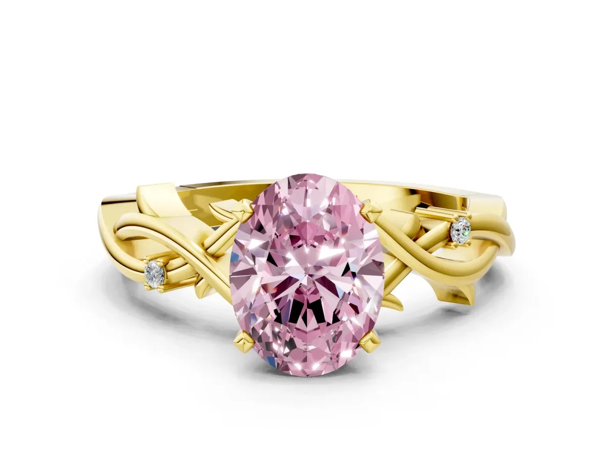 Fancy Pink Oval Cut Diamond Solitaire Ring with Twisted Band and Prong Setting Yellow gold