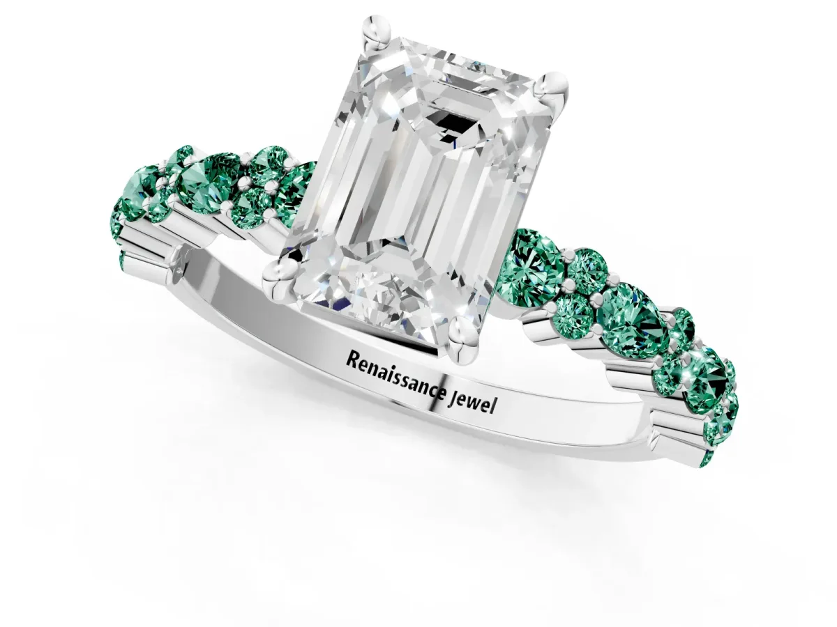 Emerald Cut Diamond Side Stone Solitaire Ring with Round Green Sapphire and Four-Prong Setting Platinum