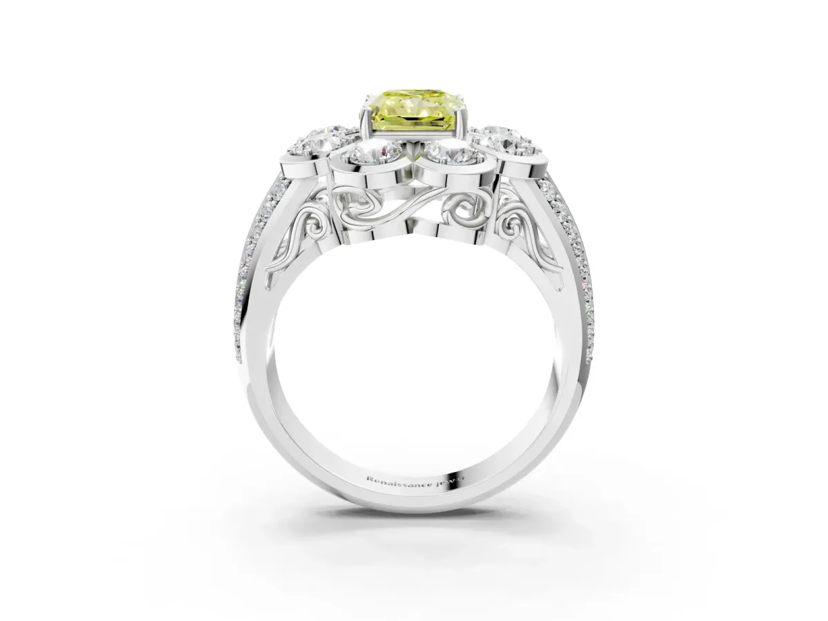 Fancy Yellow Radiant Cut Brilliant Flower Halo Diamond Split Shank Ring Platinum