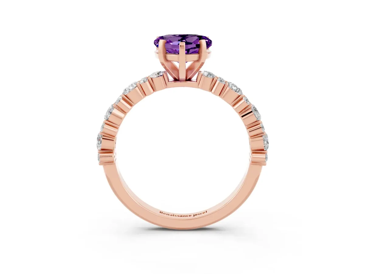Heart Cut Amethyst Side Stone Solitaire Ring with Round and Four-Prong Setting Rose gold