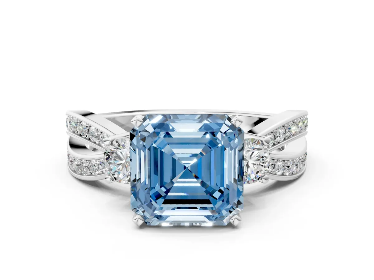 Fancy Blue Three-Stone Asscher Cut Cut Diamond Twist Band with Prong Setting Platinum