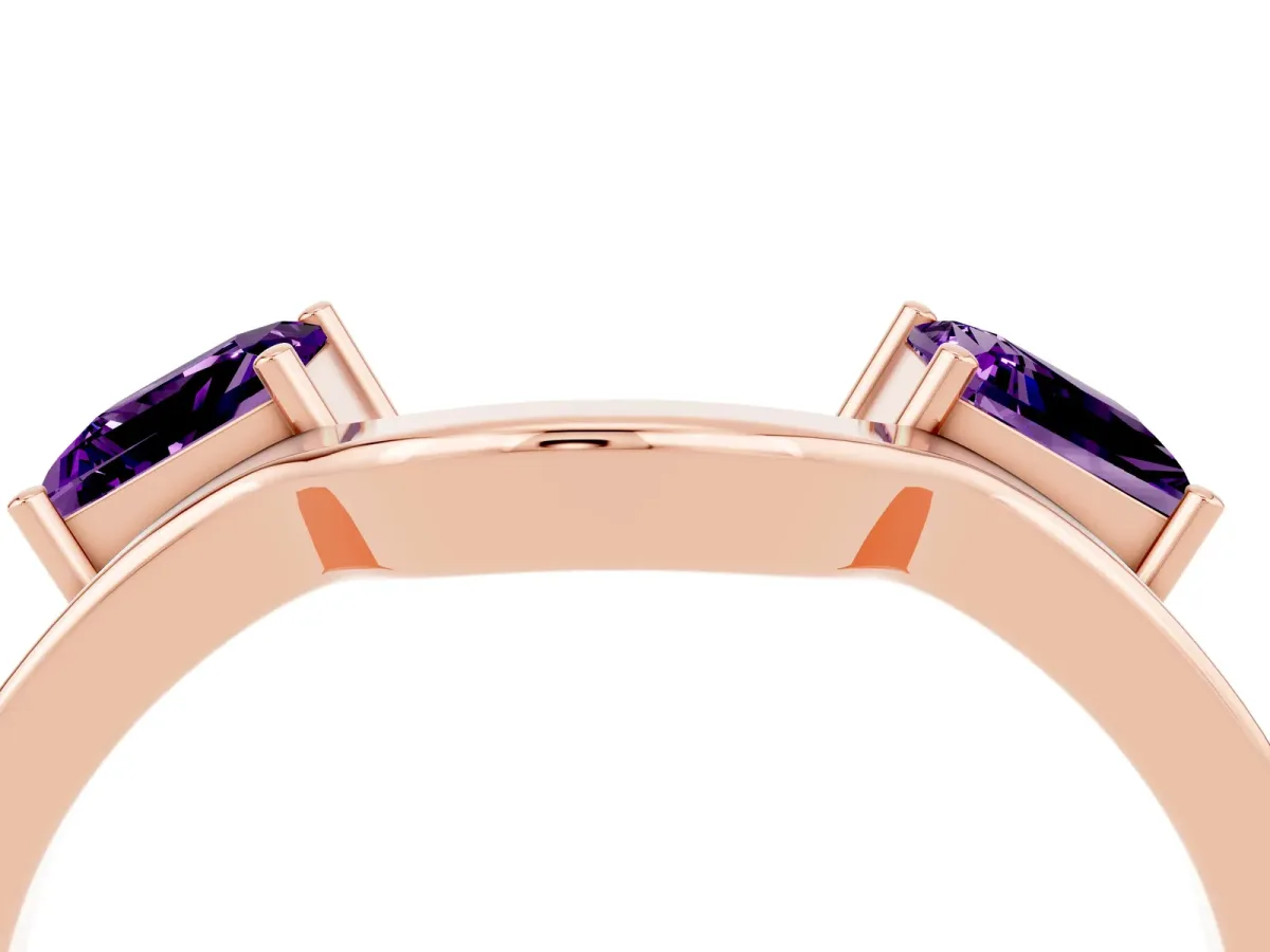 Princess Cut Amethyst Two-Stone Open Band Ring with Four-Prong Setting Rose gold
