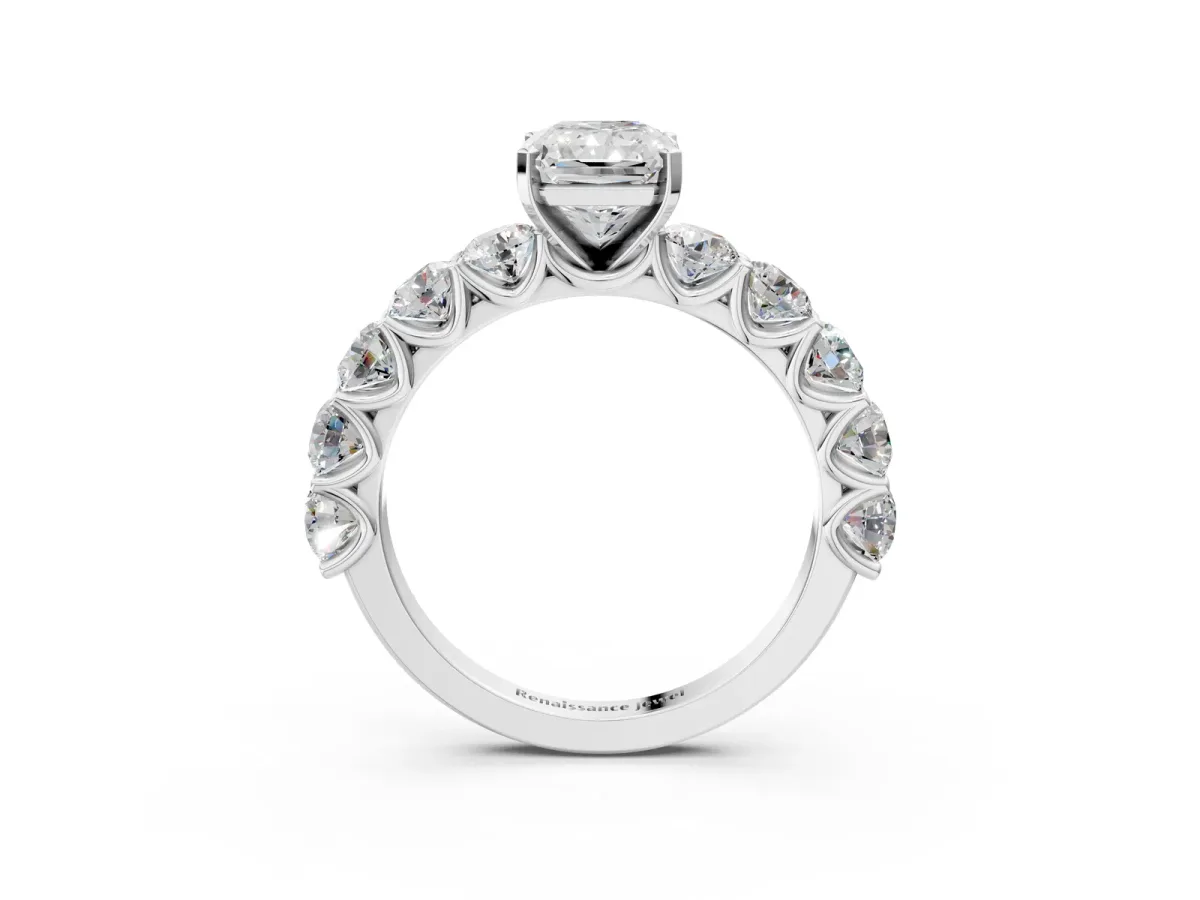 Radiant Cut Diamond Prong Setting with Side Stones on a Pave Band Silver