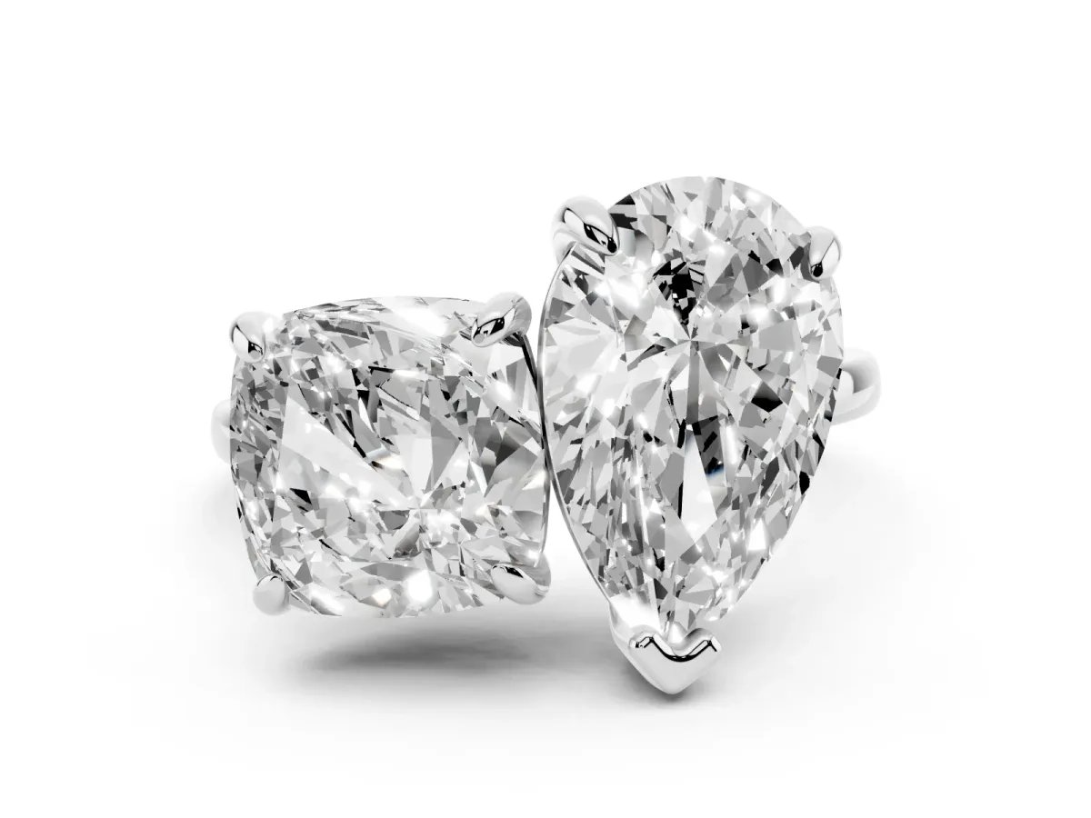 Pear and Cushion Toi Moi Ring with Prong Setting and Plain Band Silver