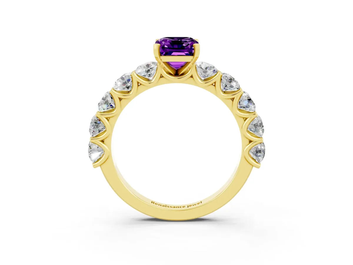 Emerald Cut Amethyst Prong Setting with Side Stones on a Pave Band Yellow gold