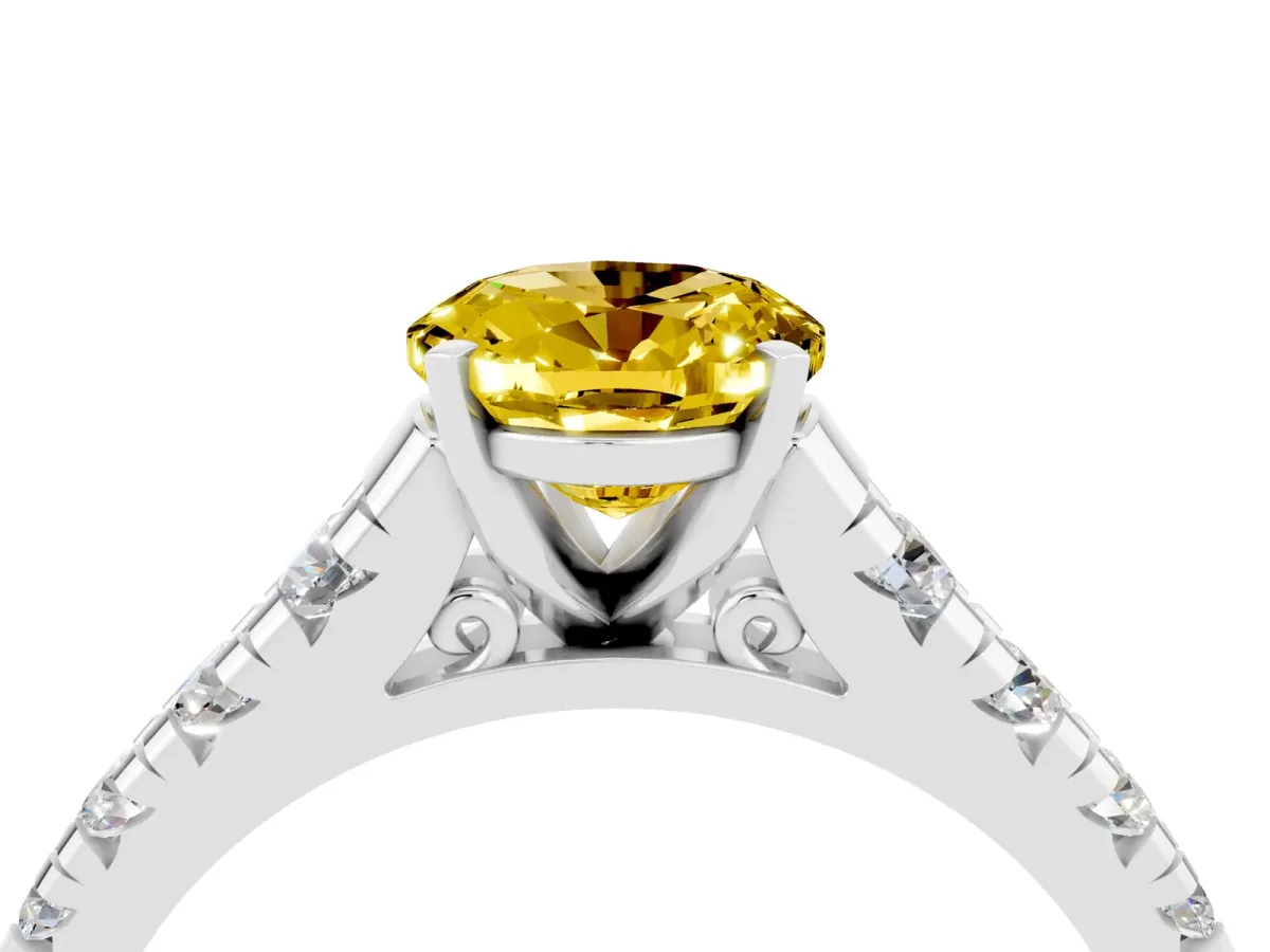 Oval Cut Yellow Sapphire Cathedral Solitaire Ring with Round Pavé Band Silver