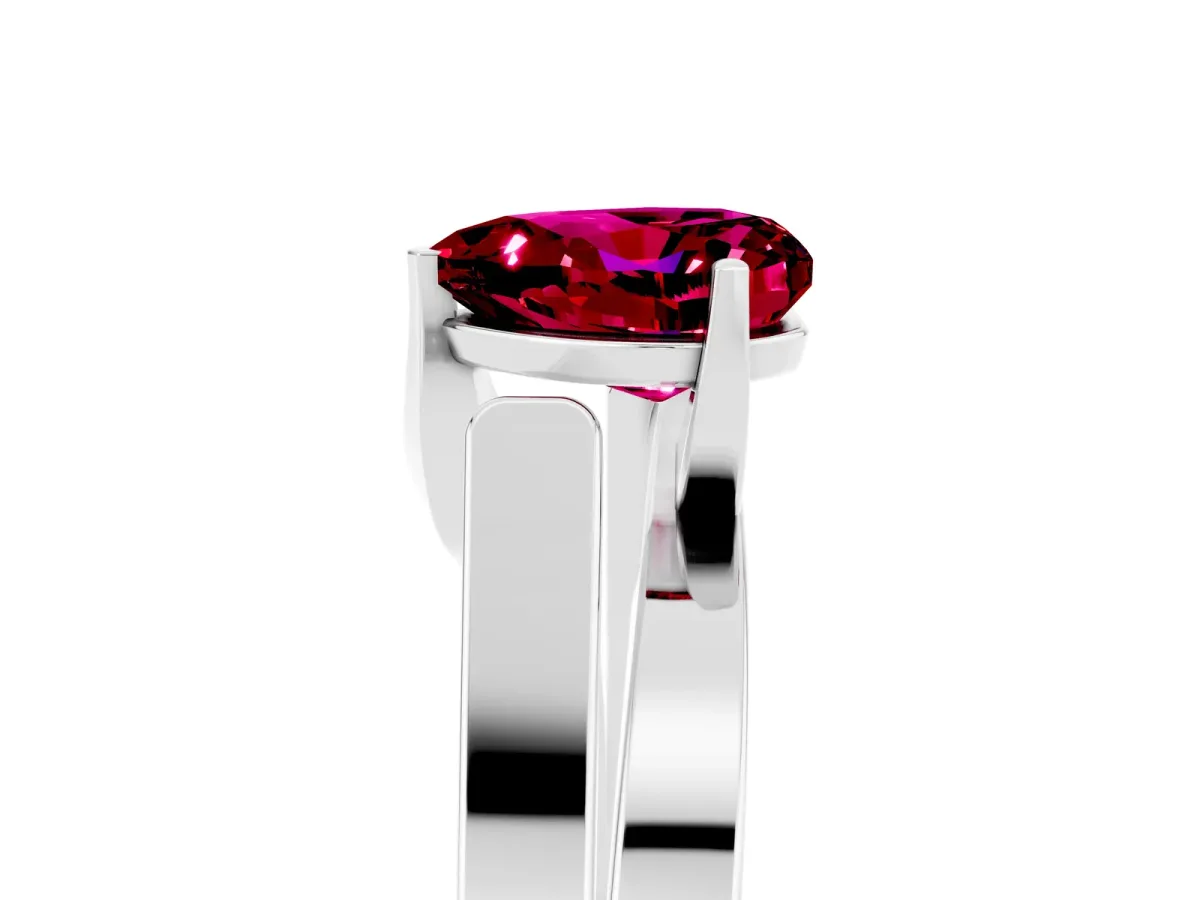 Modern Tension Set Heart Cut Garnet Solitaire Wide Band Ring Silver