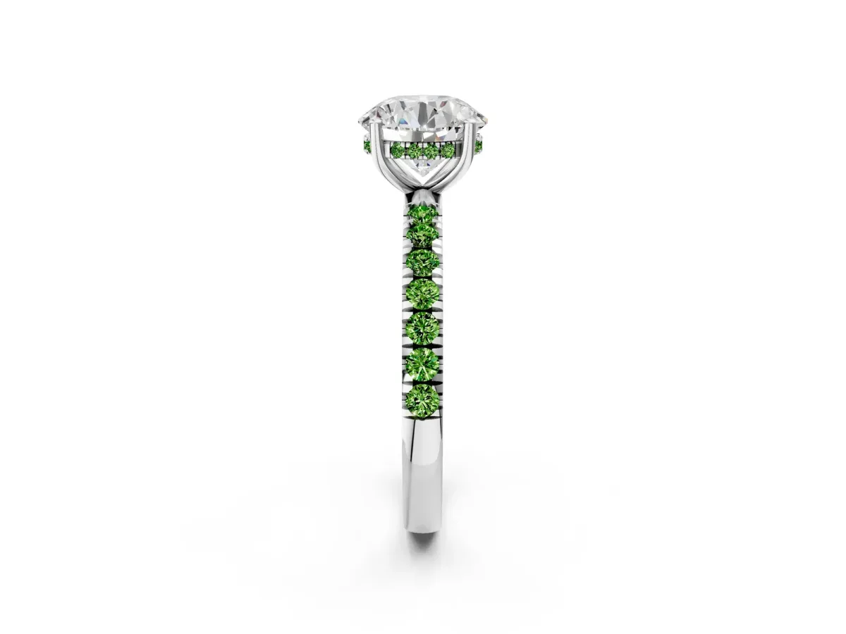 Round Cut Diamond Pave Band Solitaire Ring with Round Peridot and Prong Setting Silver
