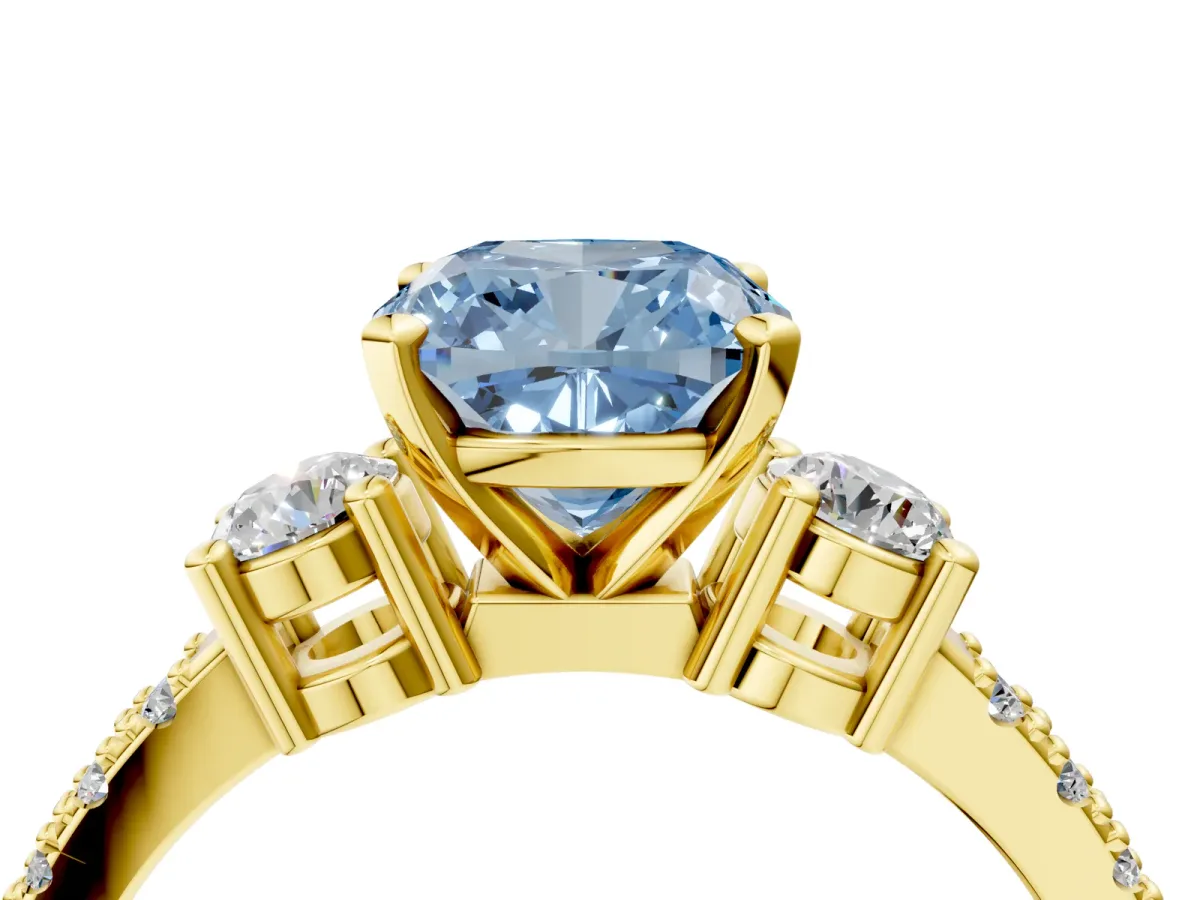 Fancy Blue Cushion Cut Cut Three-Stone Diamond Pavé Band with Prong Setting Yellow gold