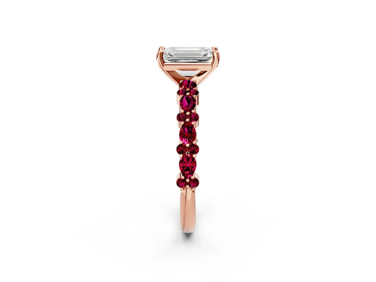 Emerald Cut Diamond Side Stone Solitaire Ring with Round Garnet and Four-Prong Setting Rose gold