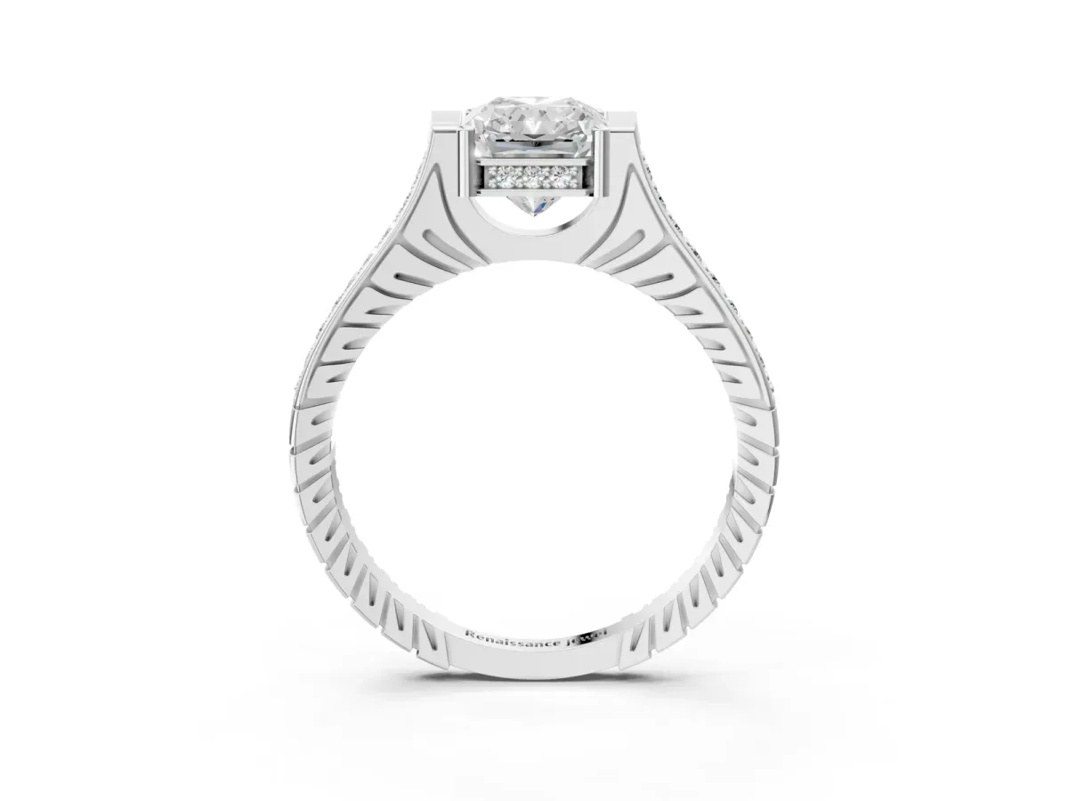 Radiant Cut Solitaire Diamond Ring with Channel Set Band and Bezel Prong Setting Platinum