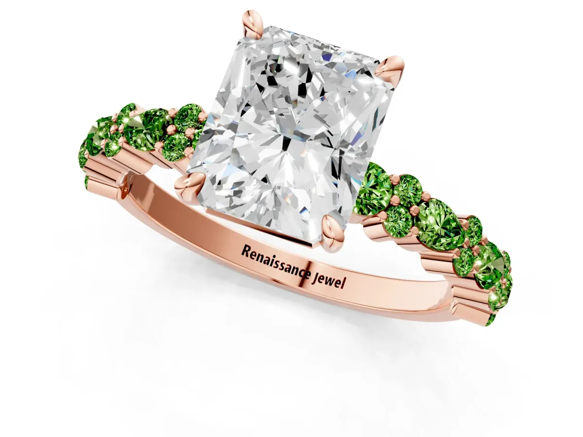 Radiant Cut Diamond Side Stone Solitaire Ring with Round Peridot and Four-Prong Setting Rose gold