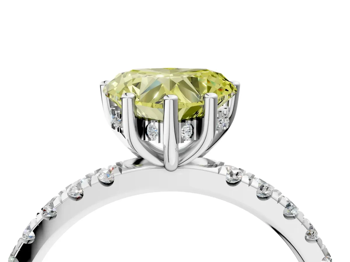 Fancy Yellow Heart Cut Diamond Pave Band Solitaire Ring with Round and Prong Setting Silver