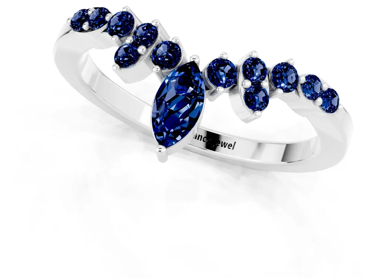 Marquise and Round Blue Sapphire Chevron Band with Prong Setting Silver