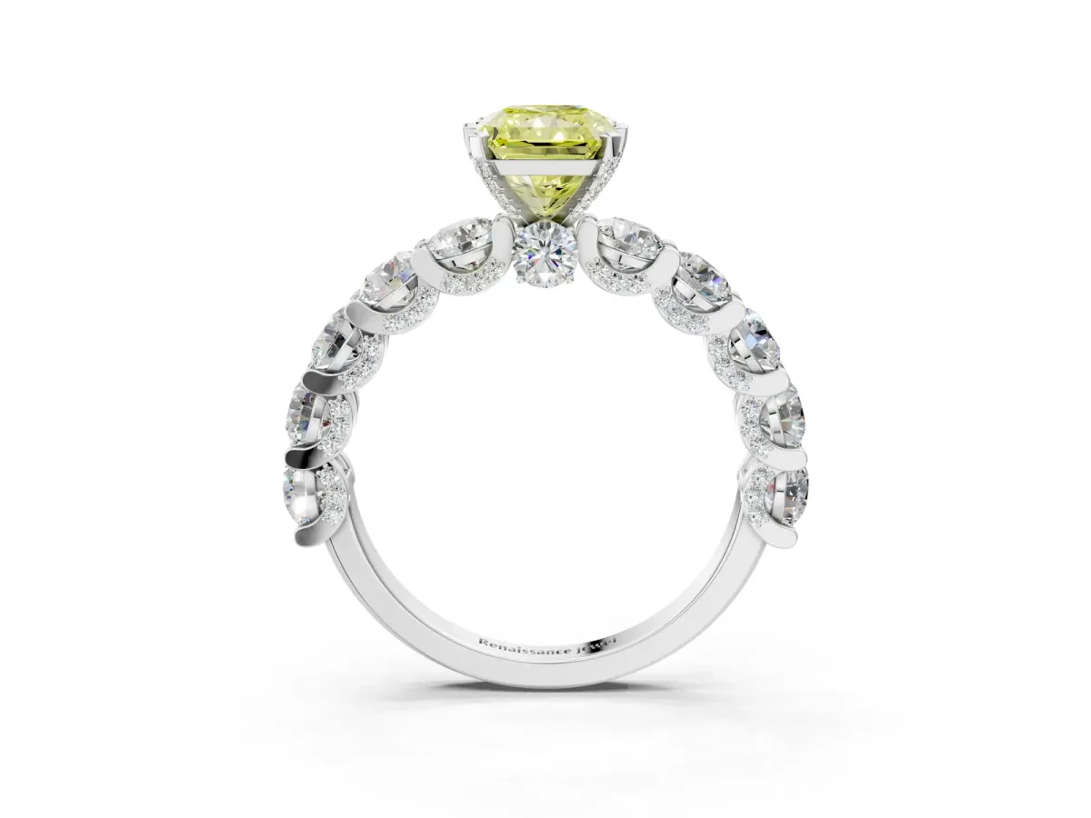 Fancy Yellow Radiant Cut Diamond Side Stone Engagement Ring with Four-Prong Setting Silver