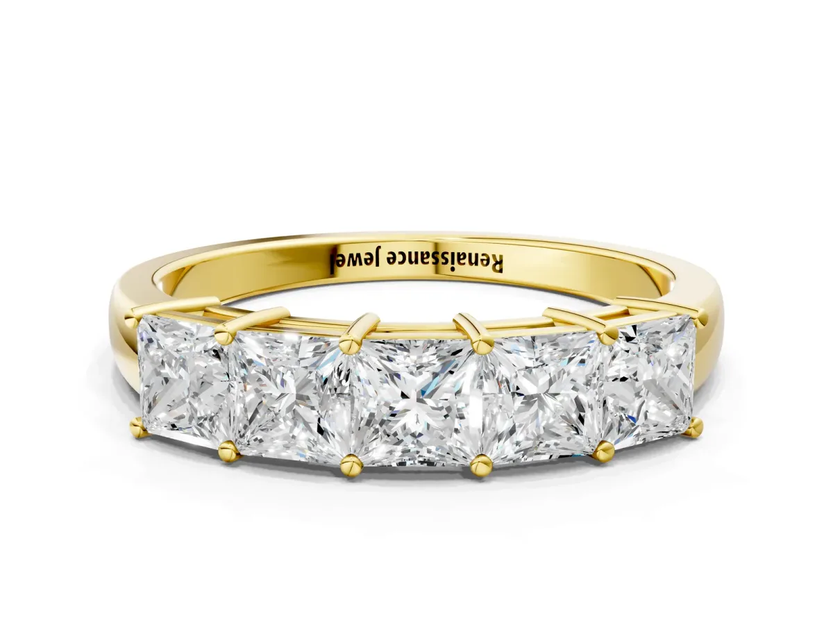 Princess Cut Five-Stone Diamond Band with Prong Setting Yellow gold