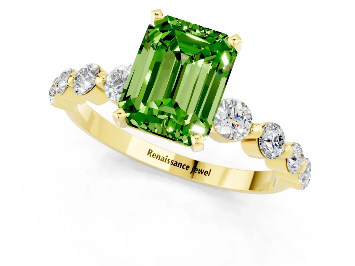 Emerald Cut Solitaire Peridot Ring with Pave Band and Four-Prong Setting Yellow gold