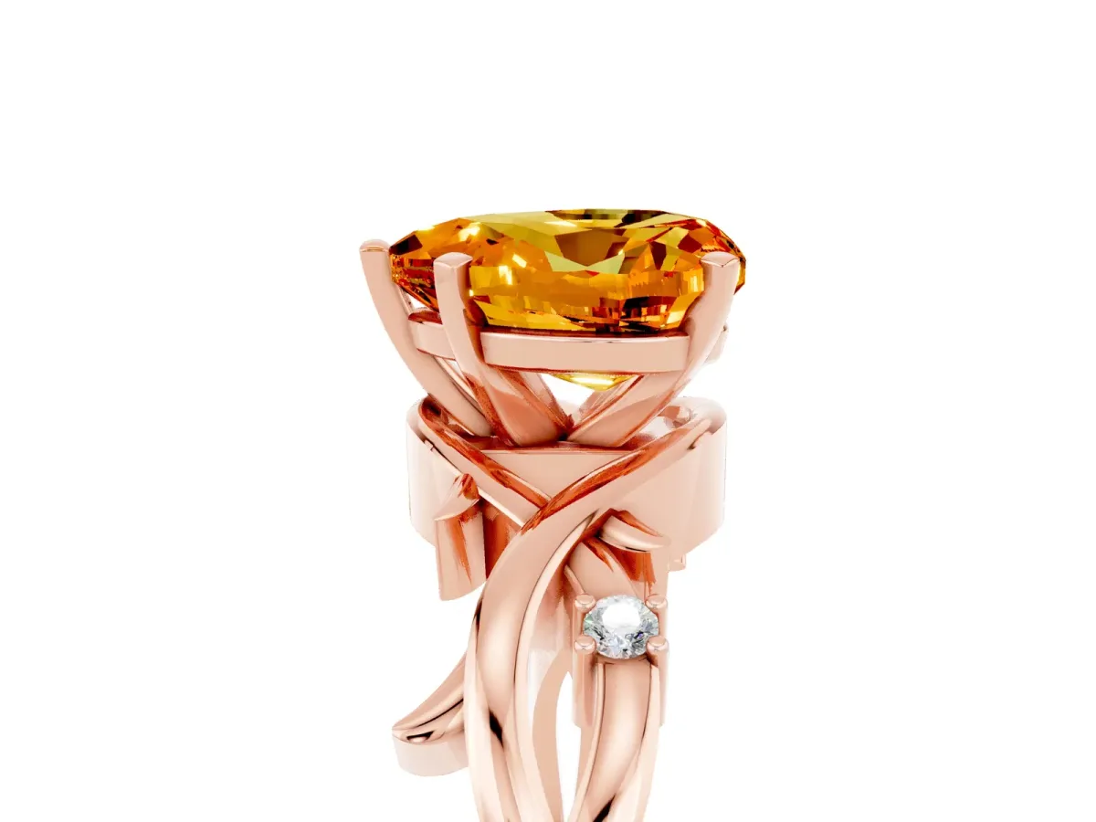 Heart Cut Citrine Solitaire Ring with Twisted Band and Prong Setting Rose gold