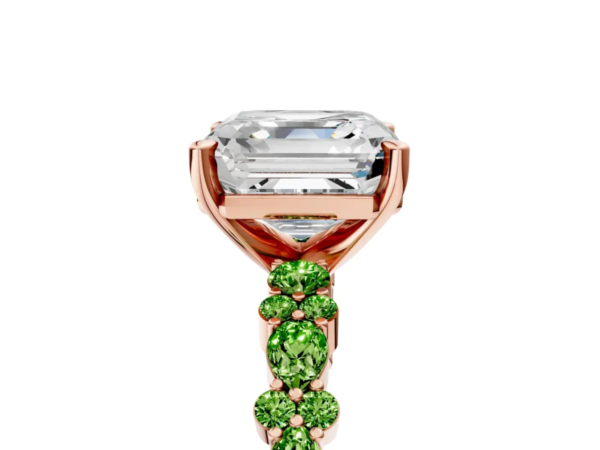 Asscher Cut Diamond Side Stone Solitaire Ring with Round Peridot and Four-Prong Setting Rose gold