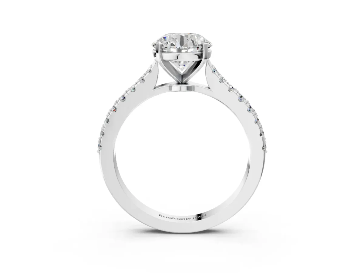 Round Cut Cut Solitaire Diamond Engagement Ring with Pave Band and Four-Prong Setting Silver