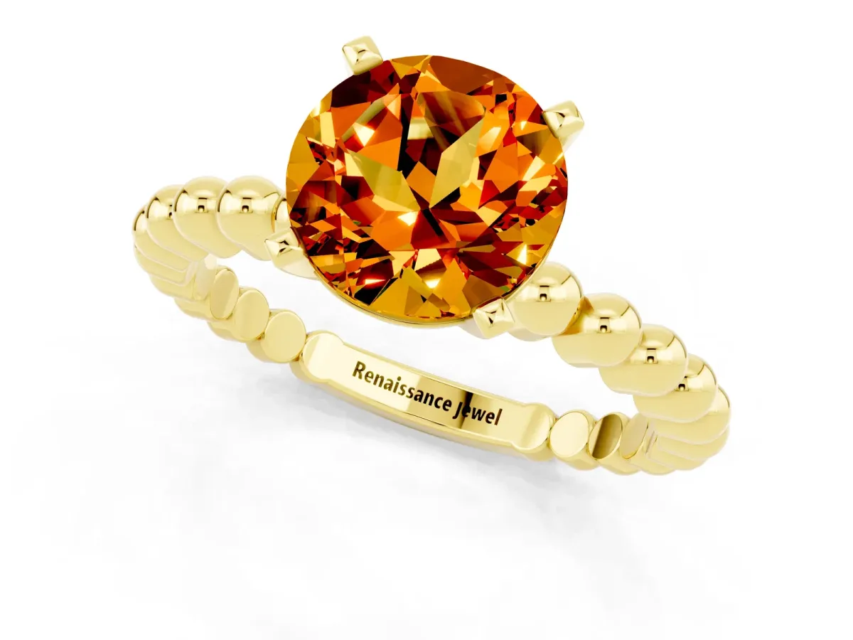 Round Cut Citrine Solitaire Ring with Beaded Band and Prong Setting Yellow gold