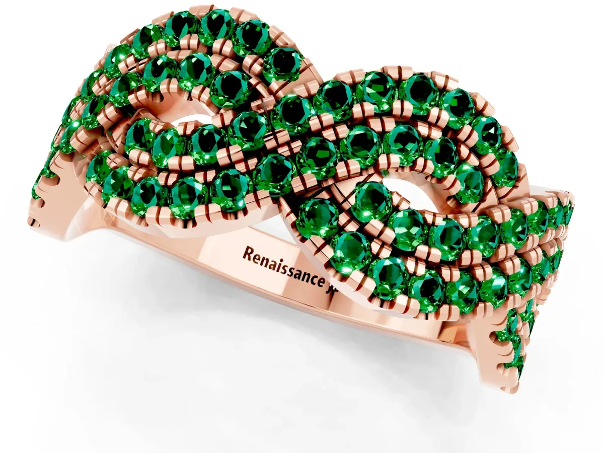 Pavé Round Emerald Infinity Twist Band with Shared Prong Setting Rose gold