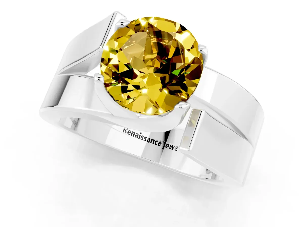 Modern Tension Set Round Cut Yellow Sapphire Solitaire Wide Band Ring Silver