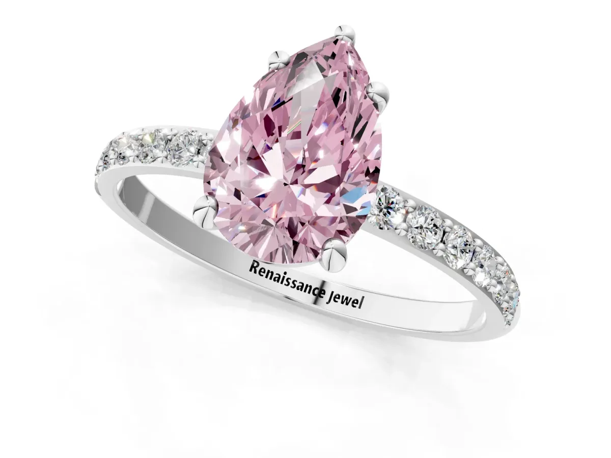 Fancy Pink Pear Cut Diamond Solitaire Ring with Round Pavé Band and Prong Setting Silver