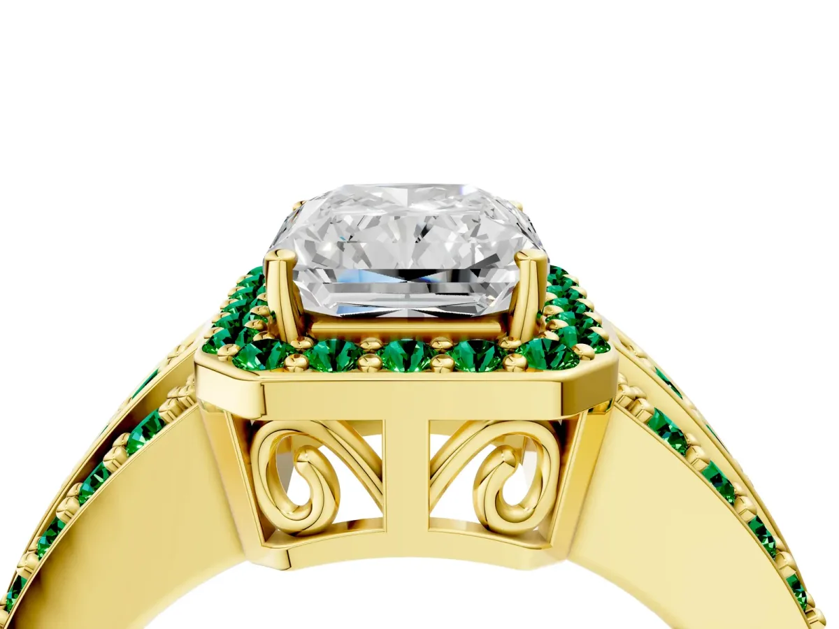 Radiant Cut Halo Diamond Ring with Round Emerald Split Shank and Prong Setting Yellow gold