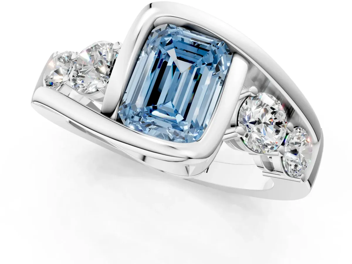 Fancy Blue Bezel Set Emerald Cut Diamond Bypass Ring with Round Accents Platinum
