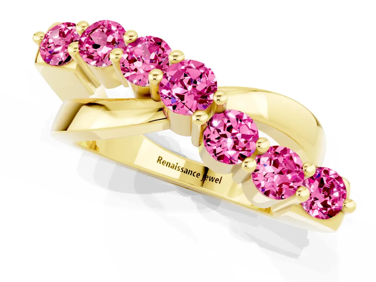 Round Pink Sapphire Prong-Set Crossover Band Yellow gold