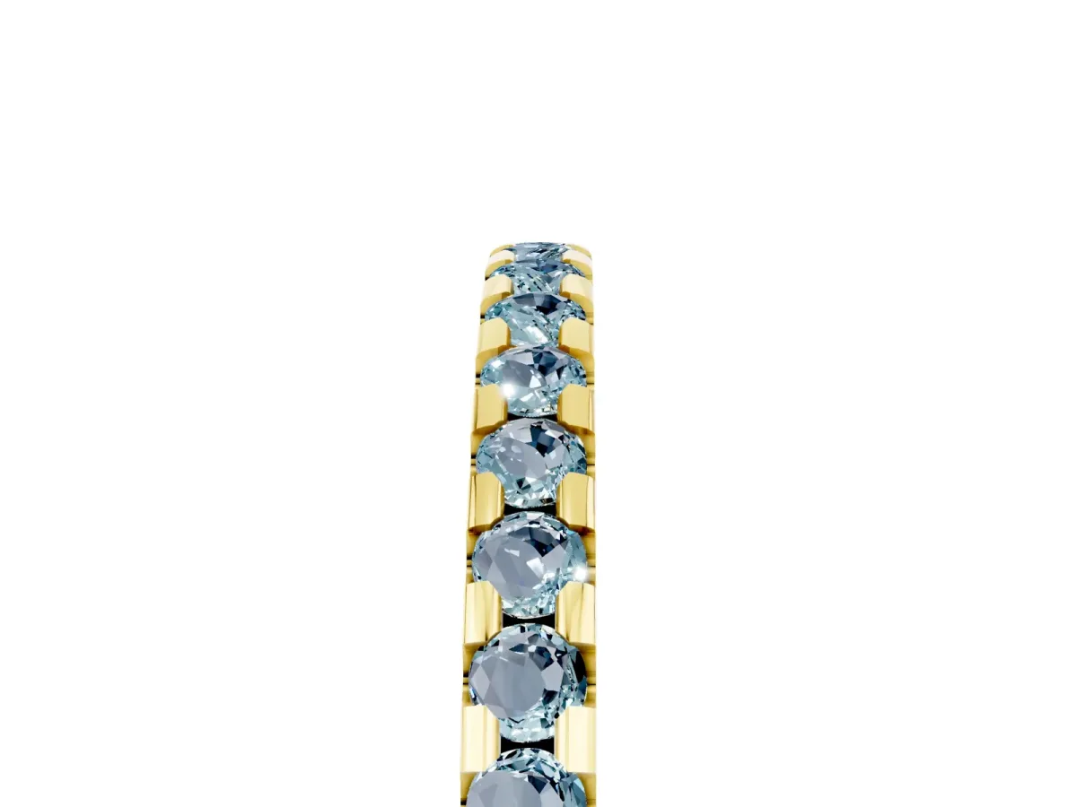 Round Aquamarine Pavé Set Eternity Band with Micro Prong Setting Yellow gold