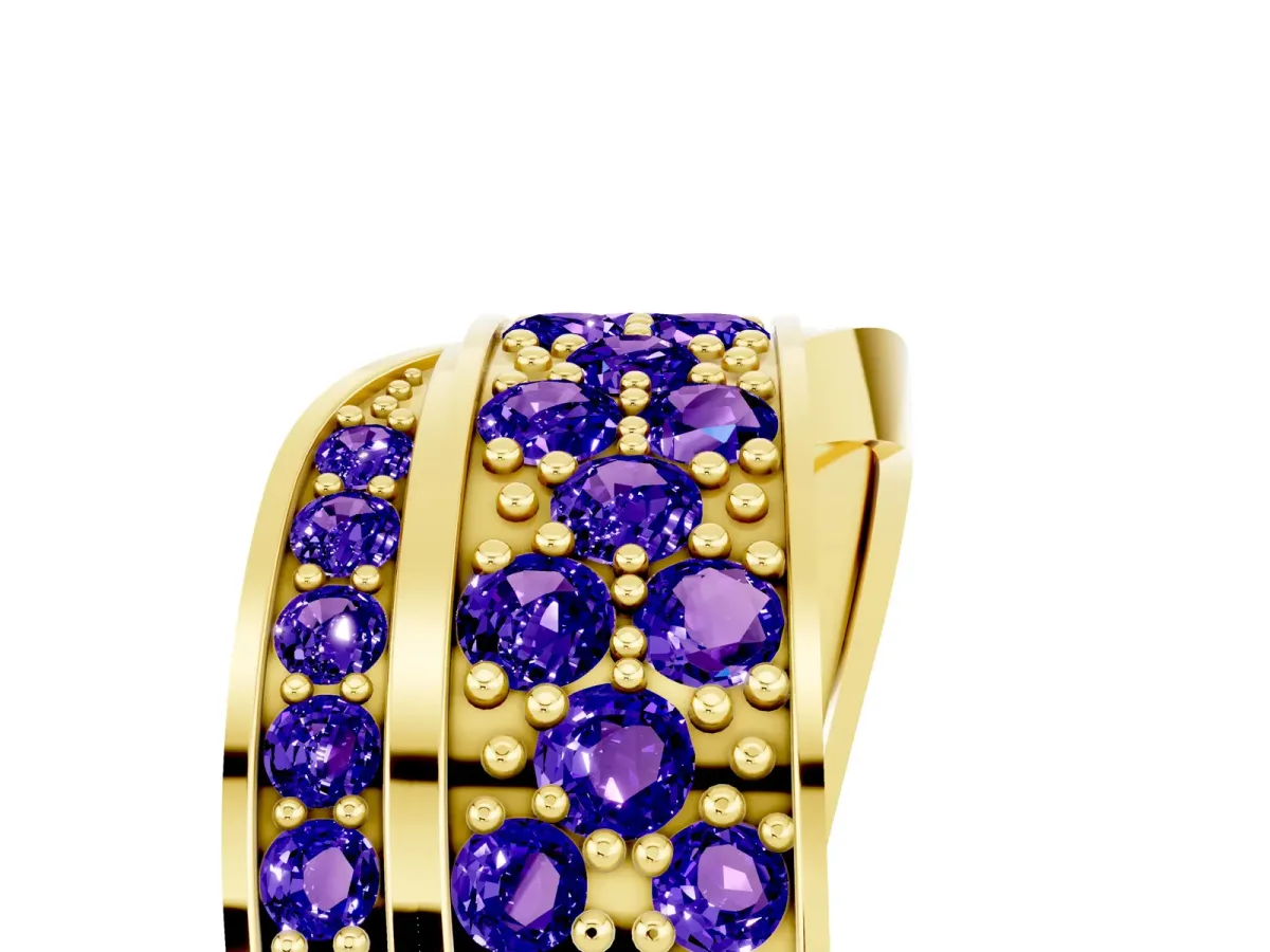 Pavé Round Tanzanite Crossover Band with Bead Prong Setting Yellow gold