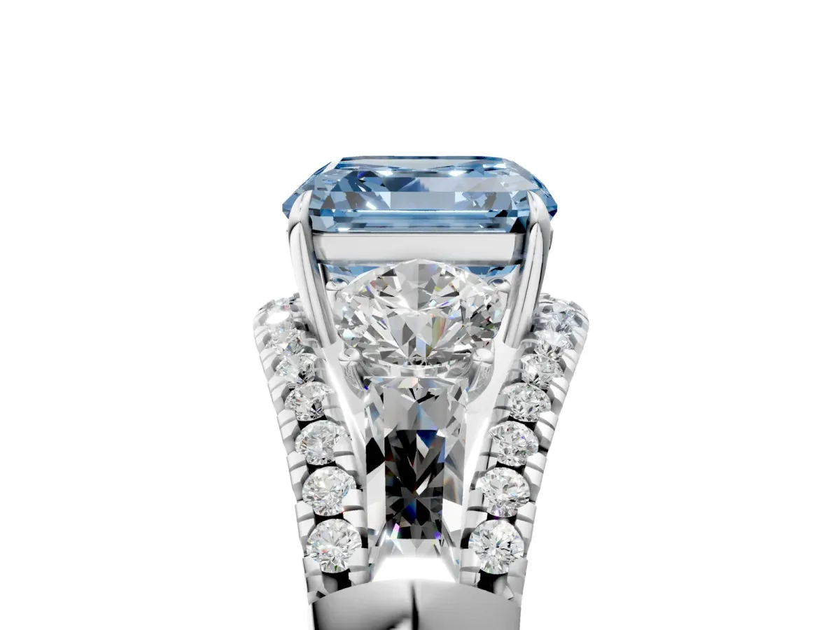 Fancy Blue Three-Stone Asscher Cut Diamond Engagement Ring with Pave Band and Prong Setting Platinum