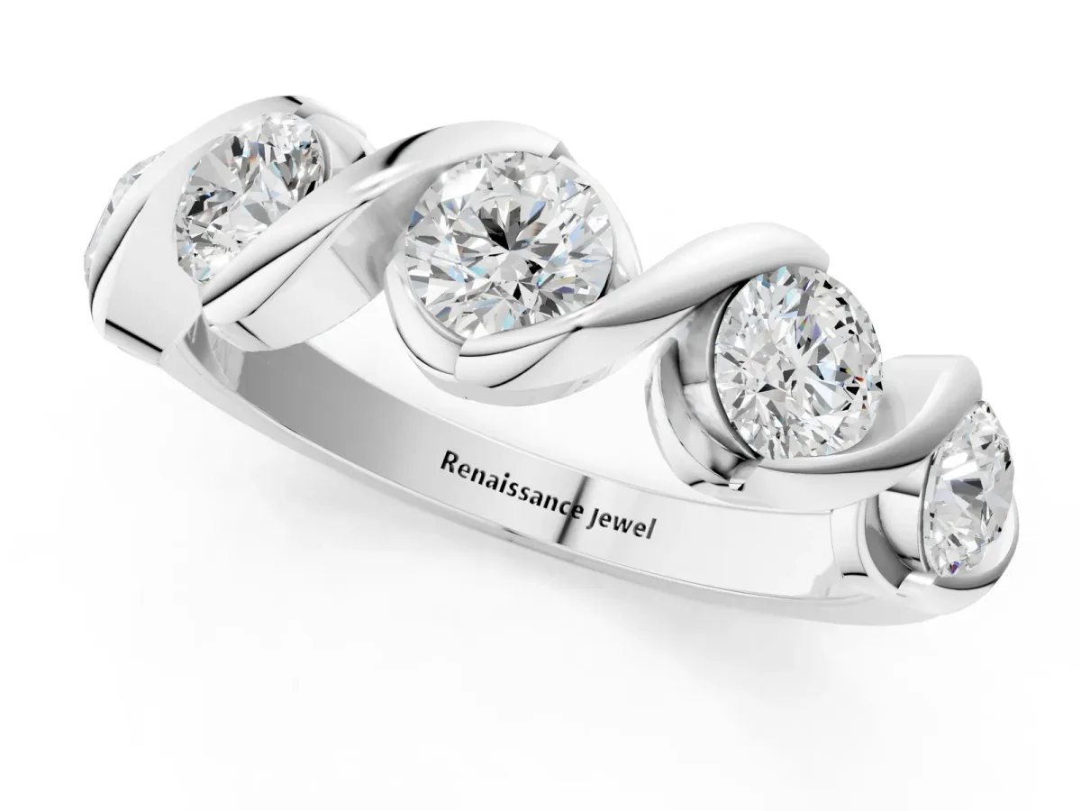Round Diamond Wave Band with Channel Setting and Shared Prongs Silver