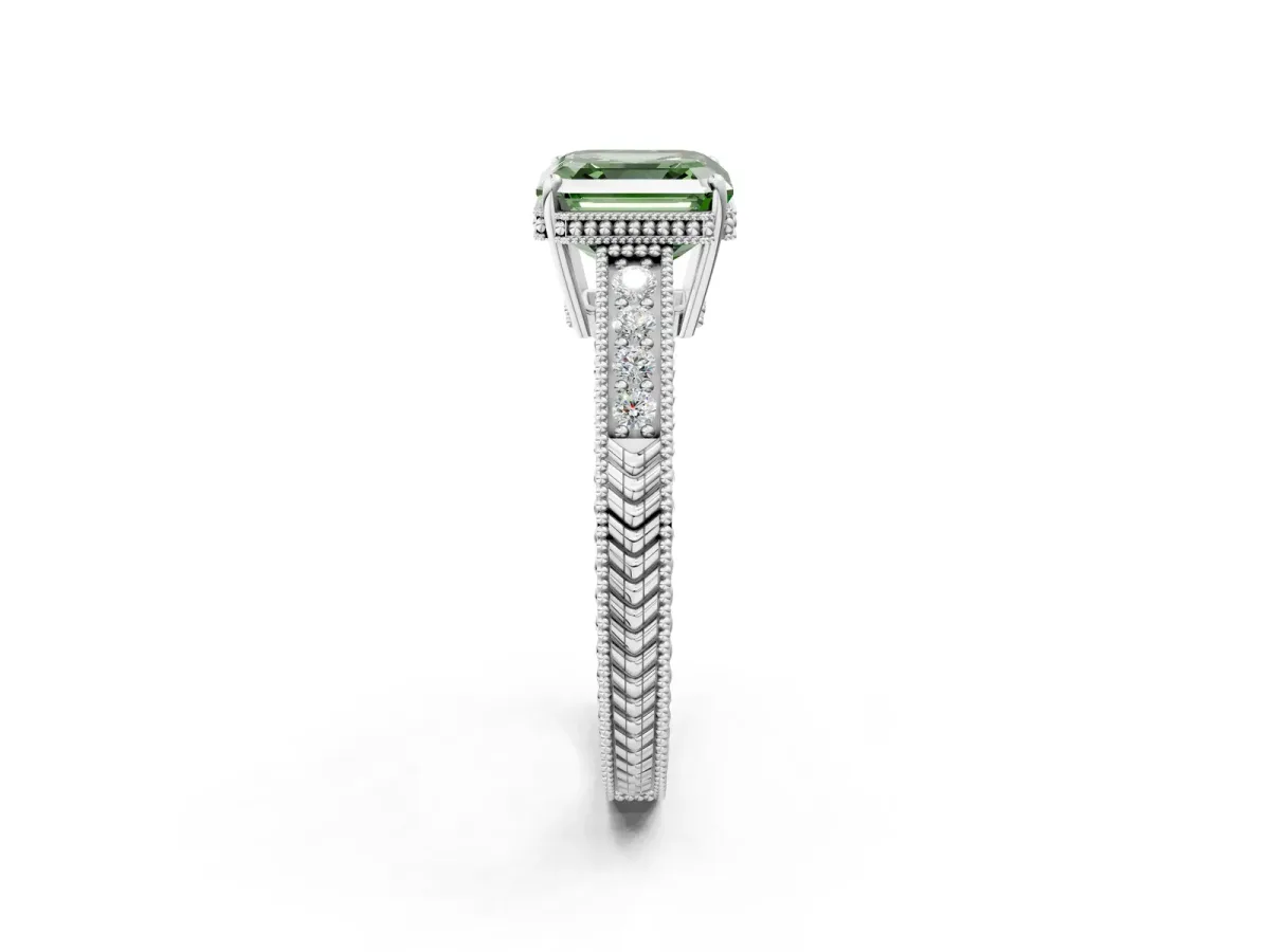 Fancy Green Asscher Cut Cut Diamond Milgrain Pave Band Four-Prong Setting Ring Platinum