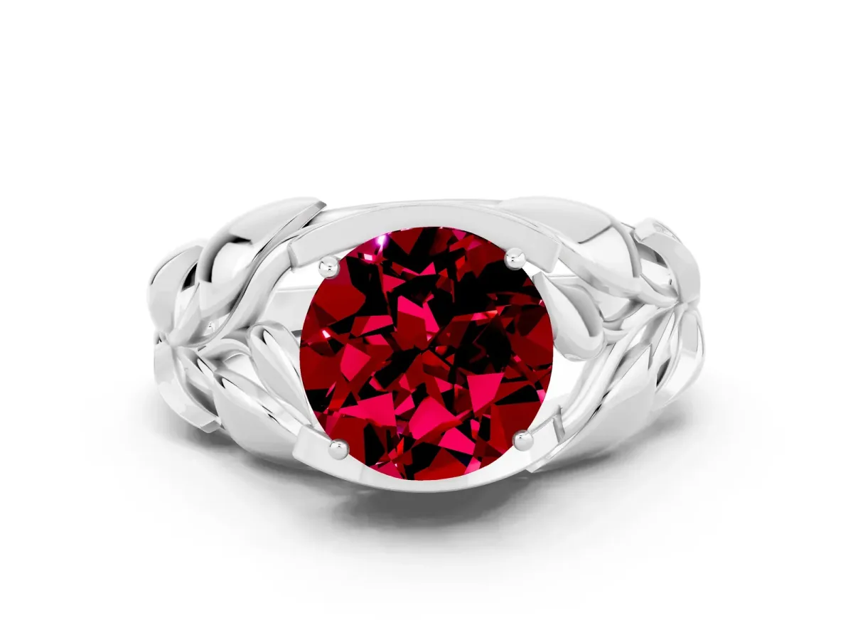 Round Cut Garnet Leaf-Inspired Engagement Ring with Round Accents and Prong Setting Silver