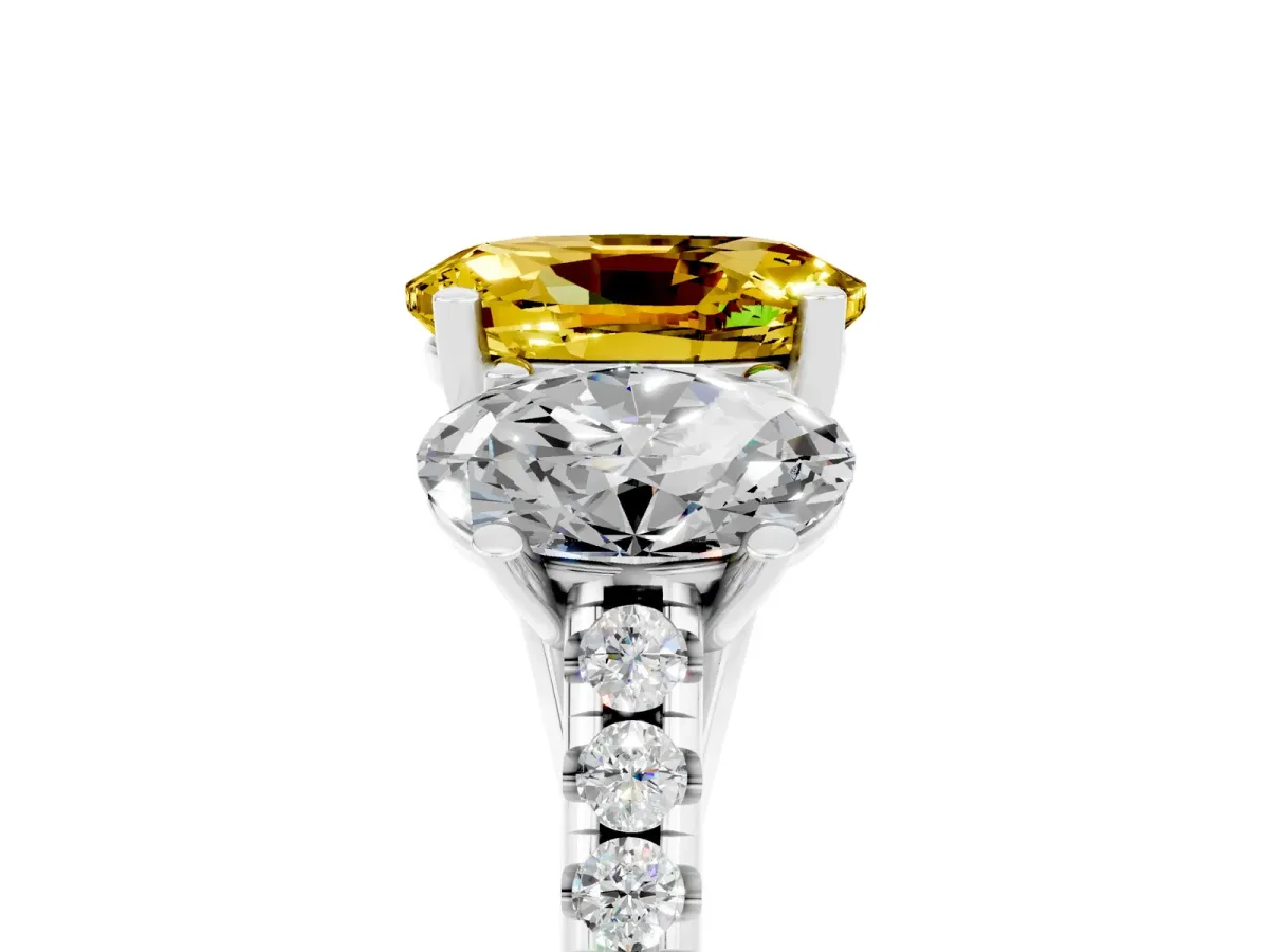 Three-Stone Oval Cut Yellow Sapphire Ring with Round Pavé Band and Prong Setting Silver
