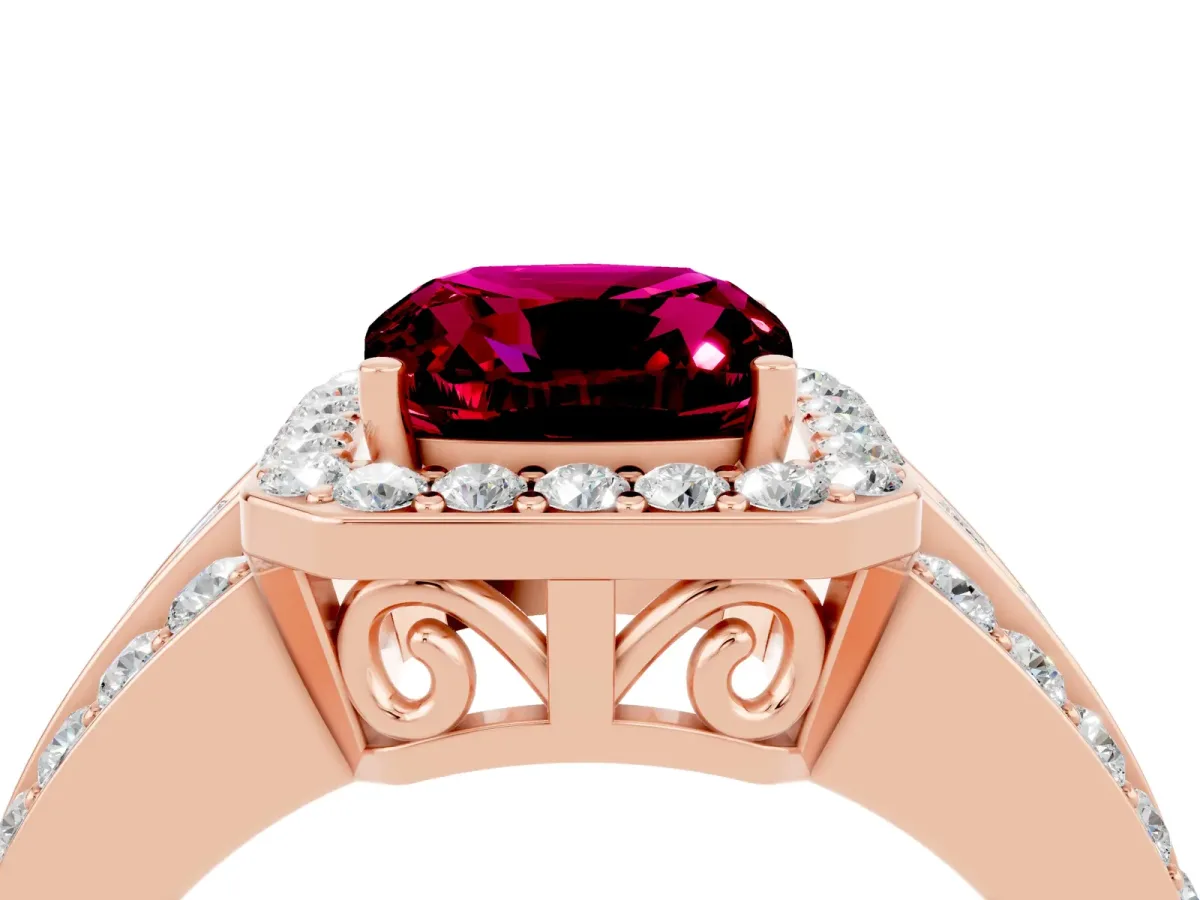 Cushion Cut Halo Garnet Ring with Round Split Shank and Prong Setting Rose gold