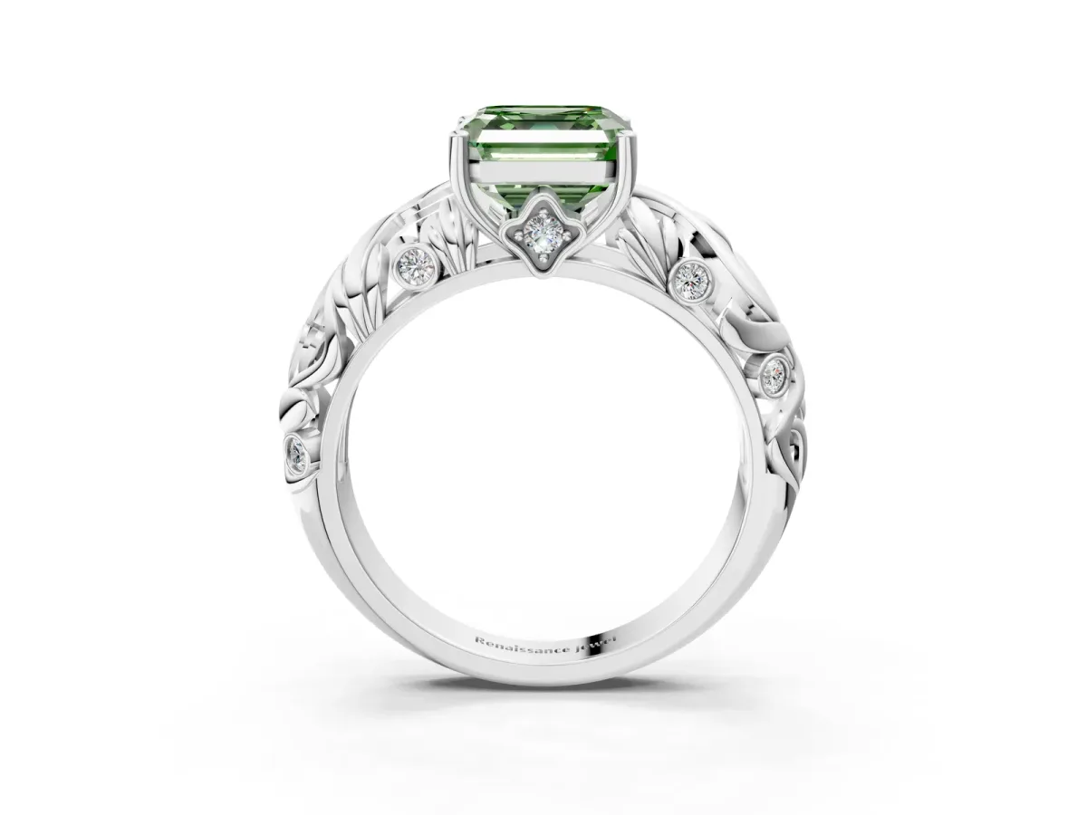 Fancy Green Asscher Cut Solitaire Diamond Leaf-Inspired Vine Band Ring with Prong Setting Platinum