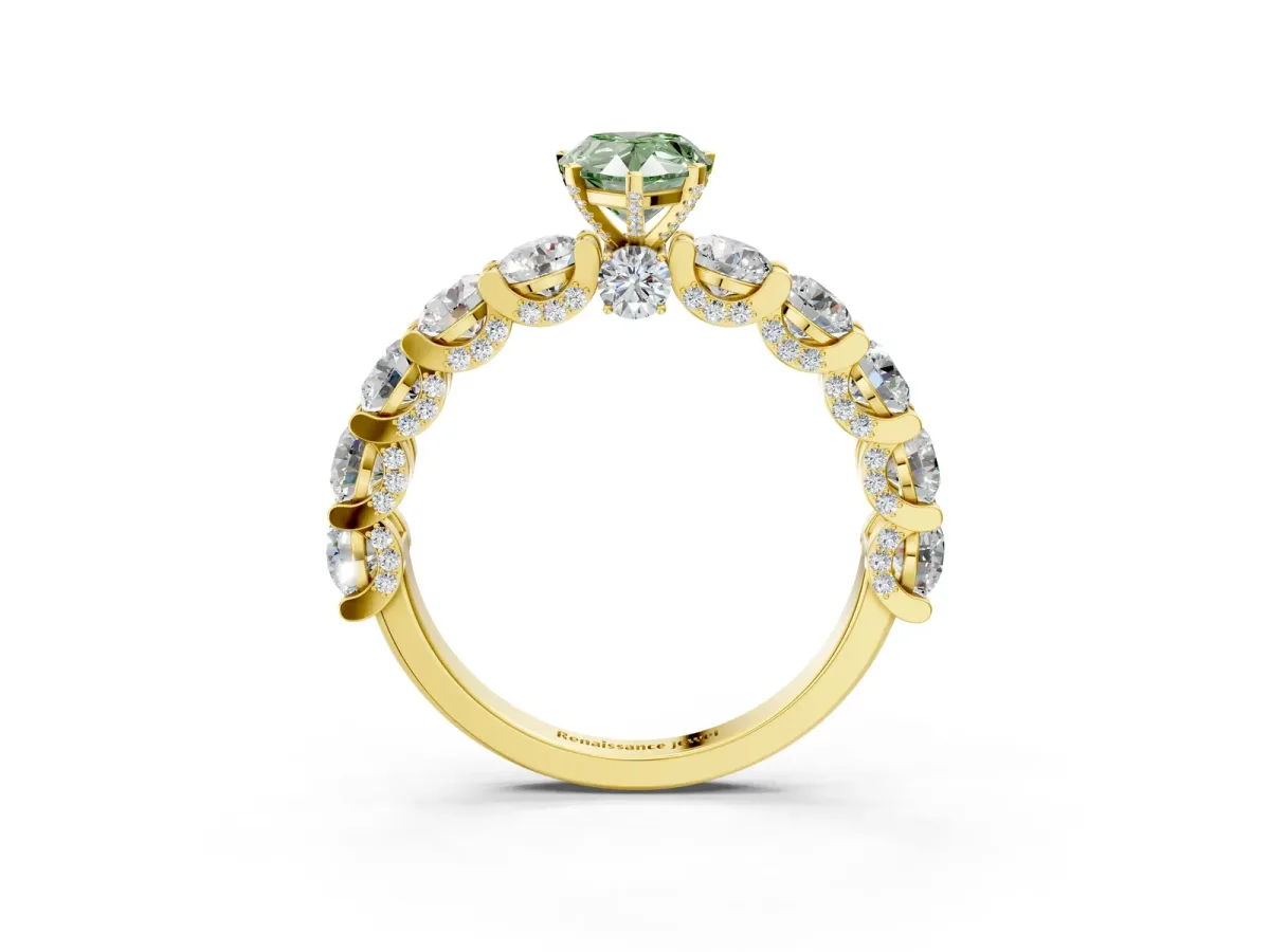 Fancy Green Pear Cut Diamond Side Stone Engagement Ring with Four-Prong Setting Yellow gold