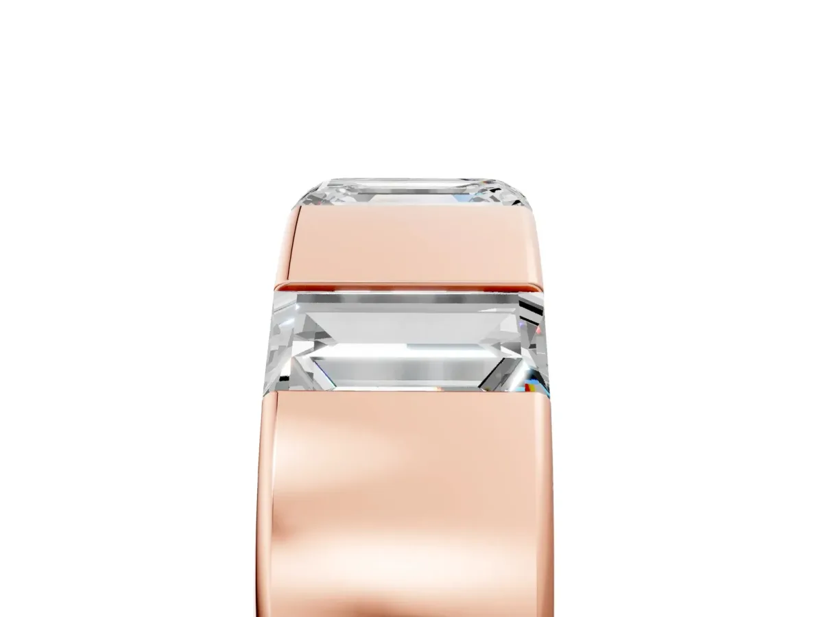 Emerald Cut Diamond Three-Stone Mens Ring with Baguette Side Stones Rose gold