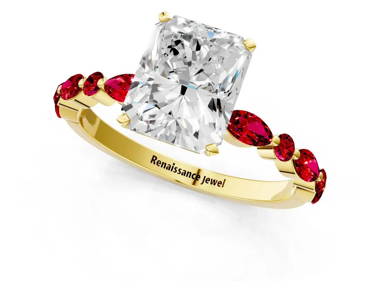 Radiant Cut Diamond Ring with Marquise and Round Ruby Side Stones and Four-Prong Setting Yellow gold