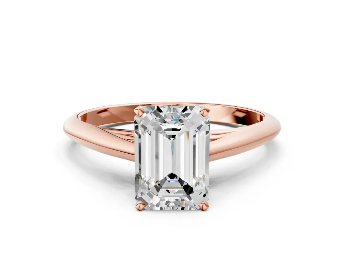 Emerald Cut Diamond Solitaire Engagement Ring with Cathedral Setting and Four-Prong Mount Rose gold